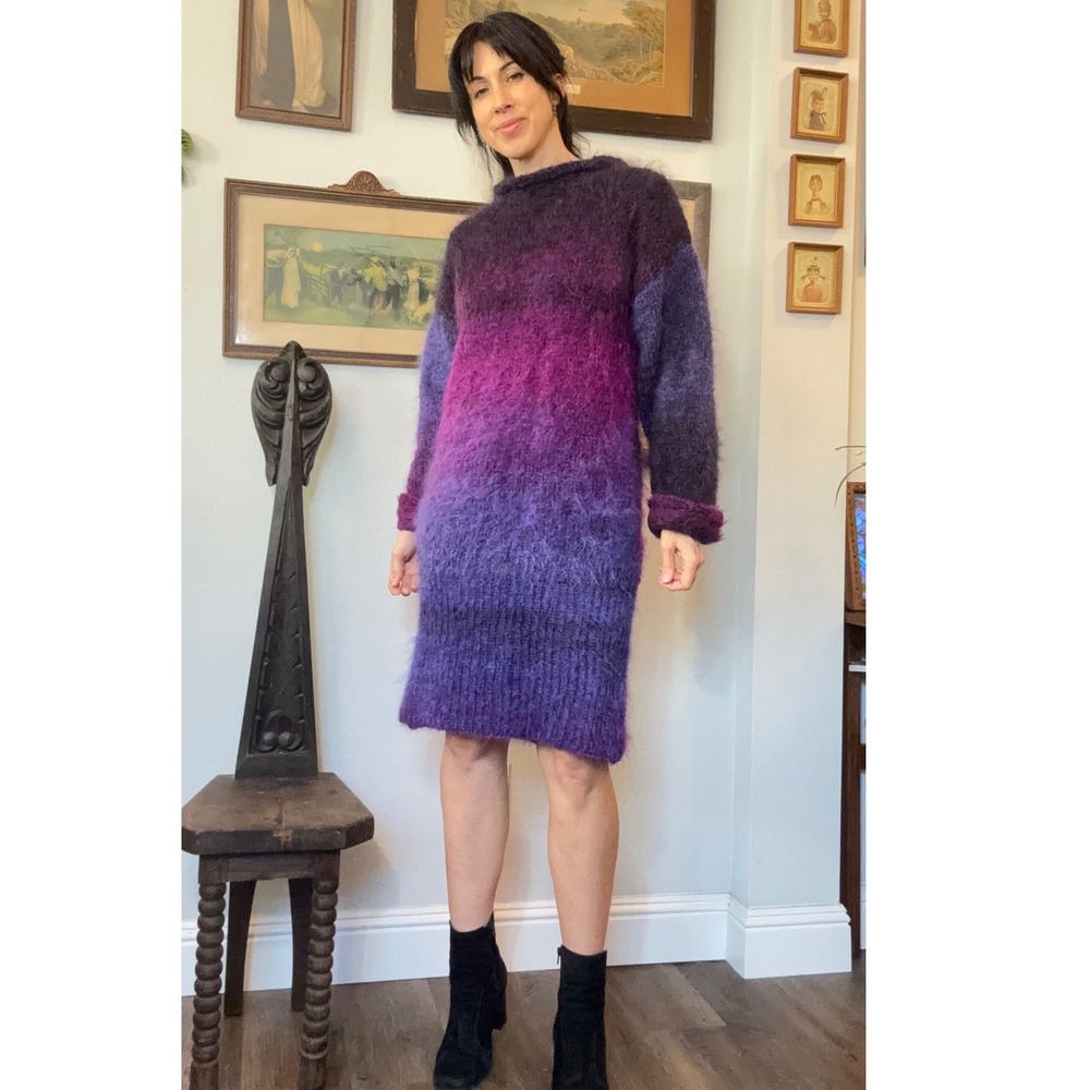 Vintage Purple Ombre Mohair Blend Fuzzy Knit Oversized Sweater Dress Colorblock